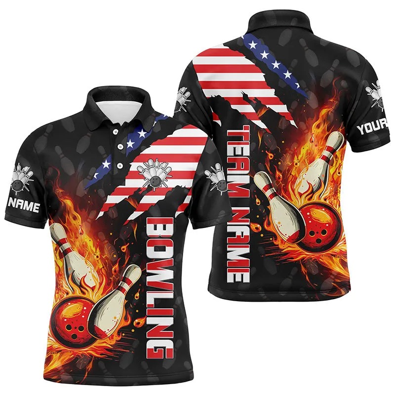 American Flag Bowling Shirt for Men Custom Flame Bowling Long Sleeve Polo shirt, Team Bowling Jerseys