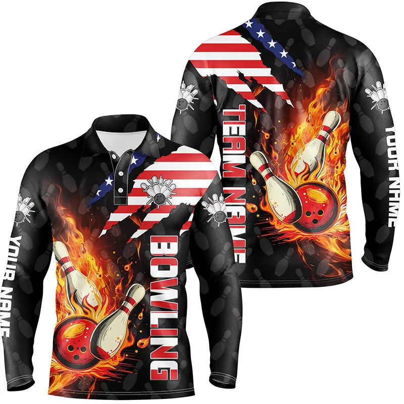 American Flag Bowling Shirt for Men Custom Flame Bowling Long Sleeve Polo shirt, Team Bowling Jerseys