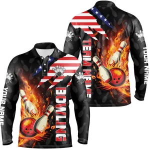American Flag Bowling Shirt for Men Custom Flame Bowling Long Sleeve Polo shirt, Team Bowling Jerseys