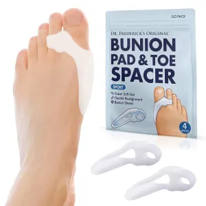Dr. Frederick's Original Sport Bunion Pad & Toe Spacer - 4pcs - Temporary Bunion Corrector - Toe Separator - Soft Gel Cushion - Fast Bunion Pain Relief for Women & Men