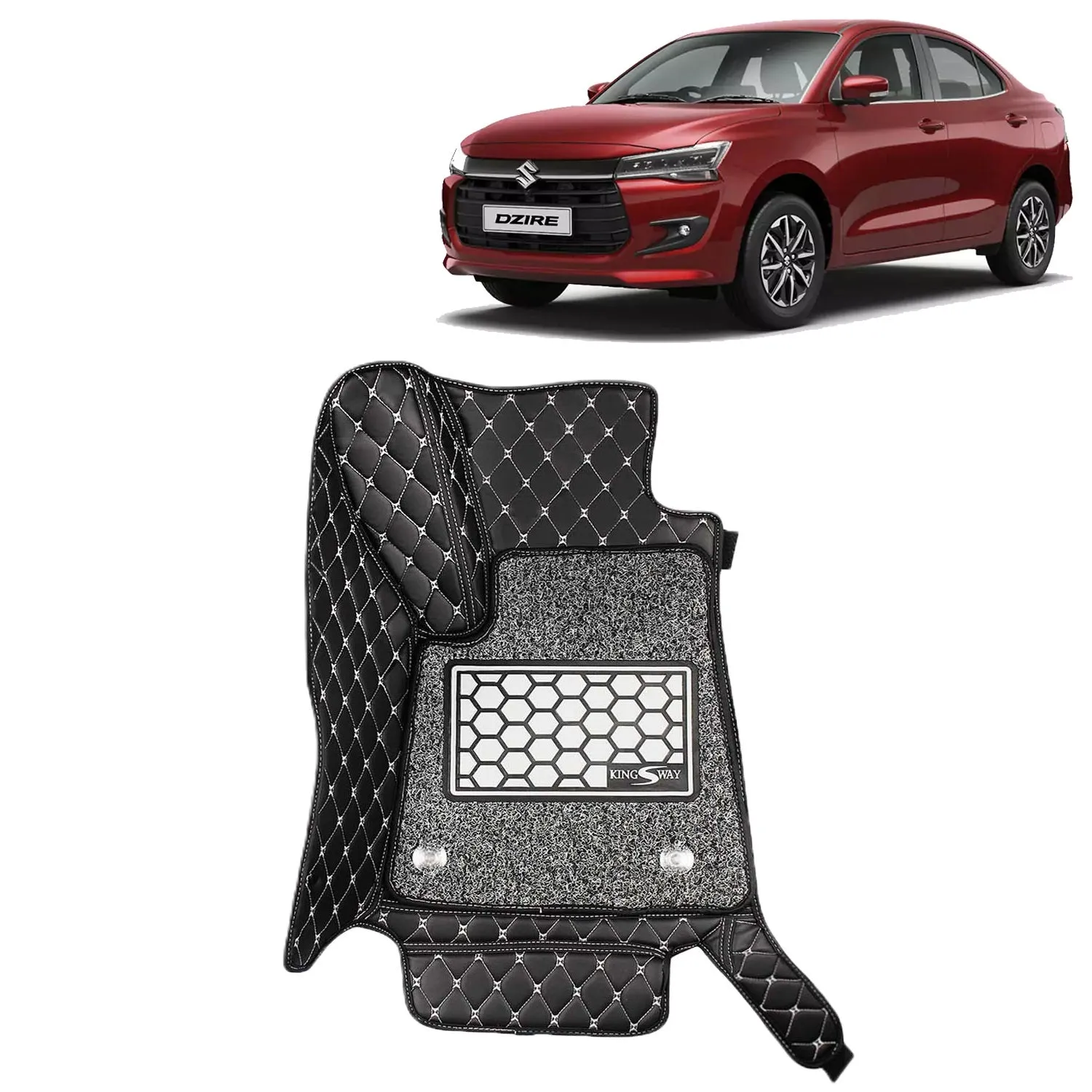 KINGSWAY® Dzire 7D Car Mat for (Year 2024 Onwards), Compatible with Maruti Suzuki Dzire Car Floor Mats, Complete Set of 3 Pieces, Top-Notch PU Leatherette 7D Foot Mats, Washable, Black