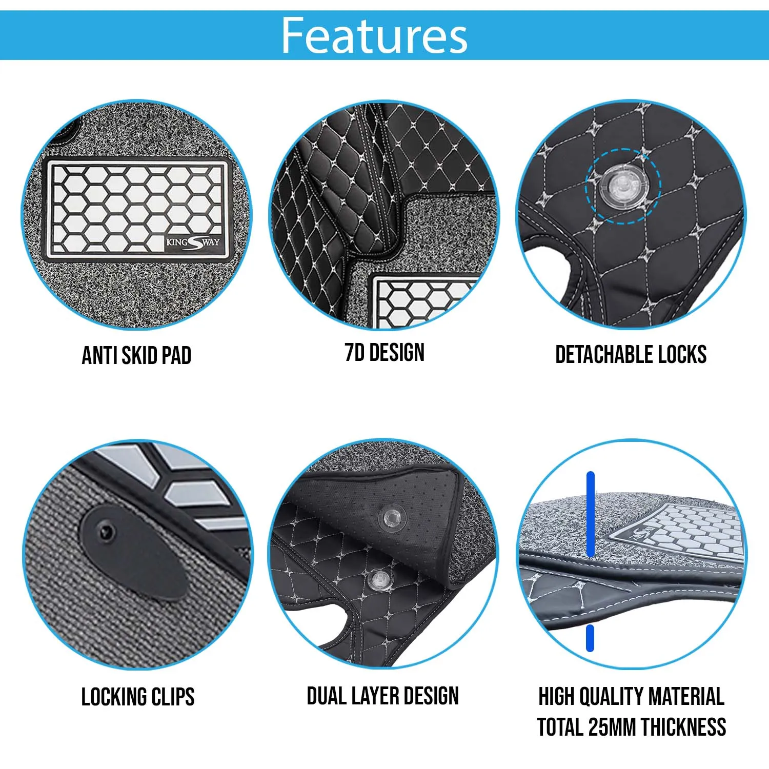 KINGSWAY® E6 7D Car Mat for (Year 2021 Onwards), Compatible with BYD E6 Car Floor Mats, Complete Set of 3 Pieces, Top-Notch PU Leatherette 7D Foot Mats, Washable, Black