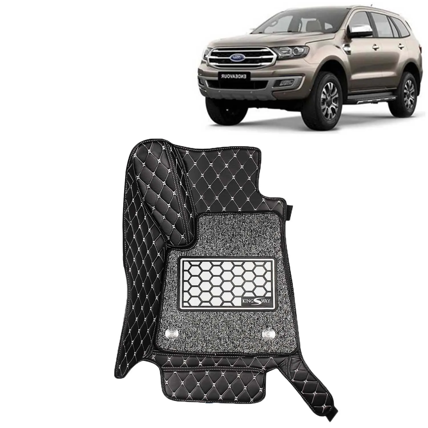 KINGSWAY® Endeavour 7D Car Mat for (Year 2019 to 2021), Compatible with Ford Endeavour Car Floor Mats, Complete Set of 4 Pieces, Top-Notch PU Leatherette 7D Foot Mats, Washable, Black
