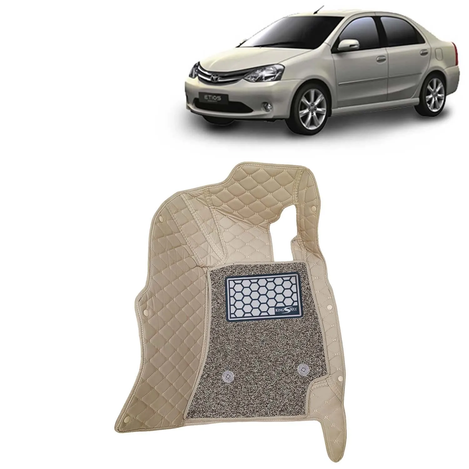 KINGSWAY® Etios 7D Car Mat for (Year 2010 to 2020), Compatible with Toyota Etios Car Floor Mats, Complete Set of 3 Pieces, Top-Notch PU Leatherette 7D Foot Mats, Washable, Beige