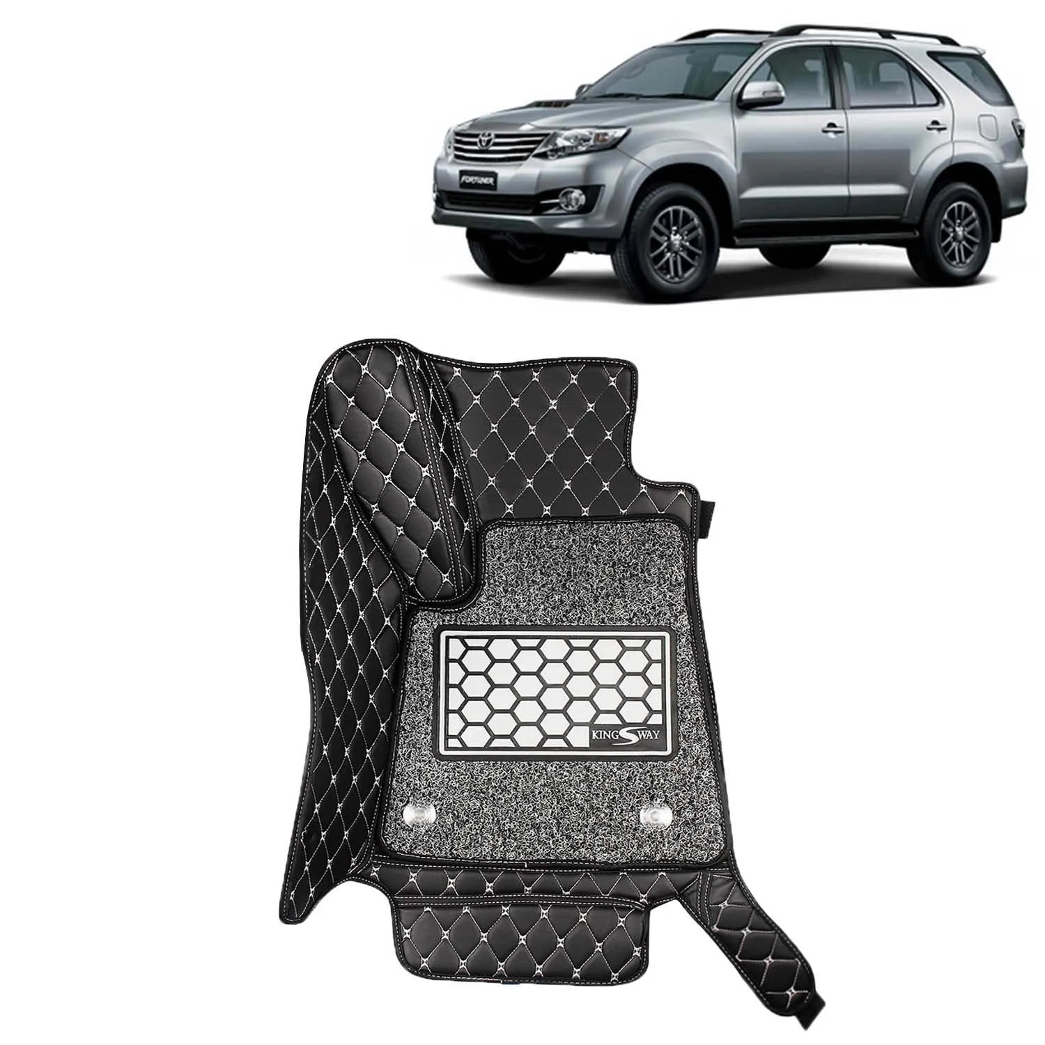 KINGSWAY® Fortuner 7D Car Mat for (Year 2008 to 2017), Compatible with Toyota Fortuner Car Floor Mats, Complete Set of 4 Pieces, Top-Notch PU Leatherette 7D Foot Mats, Washable, Black