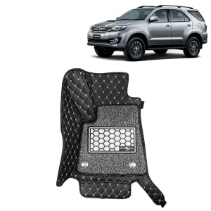 KINGSWAY® Fortuner 7D Car Mat for (Year 2008 to 2017), Compatible with Toyota Fortuner Car Floor Mats, Complete Set of 4 Pieces, Top-Notch PU Leatherette 7D Foot Mats, Washable, Black