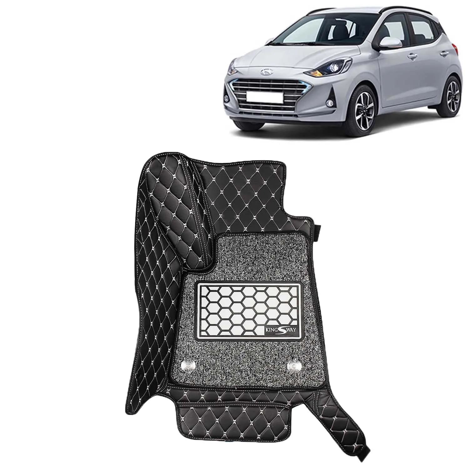 KINGSWAY® Grand I10 Nios 7D Car Mat for (Year 2019 to 2022), Compatible with Hyundai Grand I10 Nios Car Floor Mats, Complete Set of 3 Pieces, Top-Notch PU Leatherette 7D Foot Mats, Washable, Black