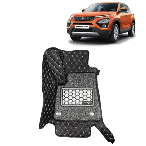 KINGSWAY® Harrier 7D Car Mat for (Year 2019 to 2023), Compatible with Tata Harrier Car Floor Mats, Complete Set of 3 Pieces, Top-Notch PU Leatherette 7D Foot Mats, Washable, Black