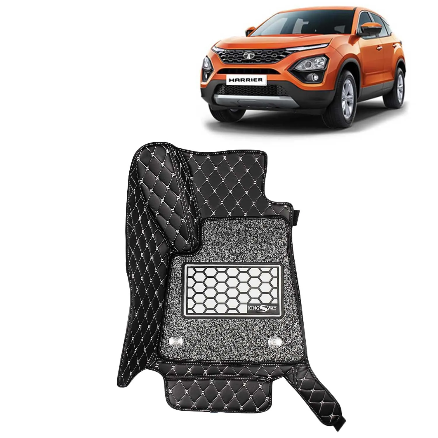 KINGSWAY® Harrier 7D Car Mat for (Year 2019 to 2023), Compatible with Tata Harrier Car Floor Mats, Complete Set of 3 Pieces, Top-Notch PU Leatherette 7D Foot Mats, Washable, Black