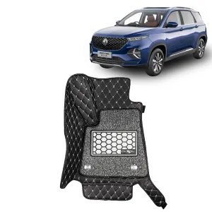 KINGSWAY® Hector Plus 7D Car Mat for (Year 2019 to 2022), Compatible with Morris Garages (MG) Hector Plus 6 Seater Car Floor Mats, Set of 4 Pcs, Top-Notch PU Leatherette 7D Foot Mats, Washable, Black