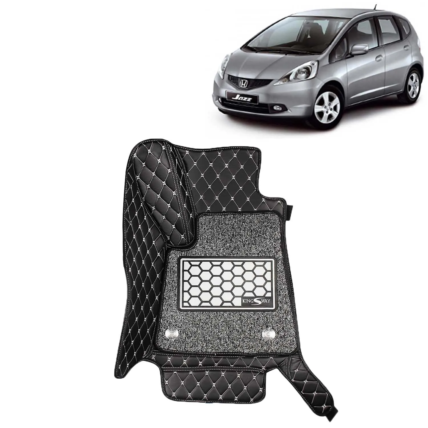 KINGSWAY® Jazz 7D Car Mat for (Year 2009 to 2014), Compatible with Honda Jazz Car Floor Mats, Complete Set of 3 Pieces, Top-Notch PU Leatherette 7D Foot Mats, Washable, Black