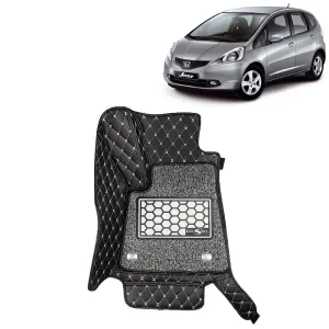 KINGSWAY® Jazz 7D Car Mat for (Year 2009 to 2014), Compatible with Honda Jazz Car Floor Mats, Complete Set of 3 Pieces, Top-Notch PU Leatherette 7D Foot Mats, Washable, Black