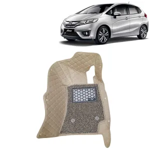 KINGSWAY® Jazz 7D Car Mat for (Year 2014 to 2018), Compatible with Honda Jazz Car Floor Mats, Complete Set of 3 Pieces, Top-Notch PU Leatherette 7D Foot Mats, Washable, Beige