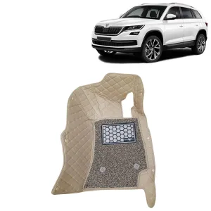 KINGSWAY® Kodiaq 7D Car Mat for (Year 2016 to 2020), Compatible with Skoda Kodiaq Car Floor Mats, Complete Set of 4 Pieces, Top-Notch PU Leatherette 7D Foot Mats, Washable, Beige