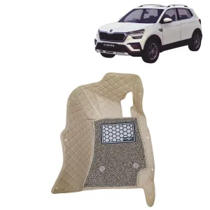 KINGSWAY® Kushaq 7D Car Mat for (Year 2021 Onwards), Compatible with Skoda Kushaq Car Floor Mats, Complete Set of 3 Pieces, Top-Notch PU Leatherette 7D Foot Mats, Washable, Beige