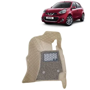 KINGSWAY® Micra 7D Car Mat for (Year 2010 to 2020), Compatible with Nissan Micra Car Floor Mats, Complete Set of 3 Pieces, Top-Notch PU Leatherette 7D Foot Mats, Washable, Beige