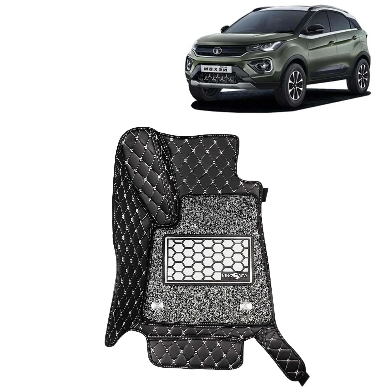 KINGSWAY® Nexon 7D Car Mat for (Year 2020 to 2023), Compatible with Tata Nexon Car Floor Mats, Complete Set of 3 Pieces, Top-Notch PU Leatherette 7D Foot Mats, Washable, Black
