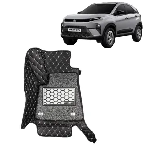 KINGSWAY® Nexon 7D Car Mat for (Year 2023 Onwards), Compatible with Tata Nexon Car Floor Mats, Complete Set of 3 Pieces, Top-Notch PU Leatherette 7D Foot Mats, Washable, Black