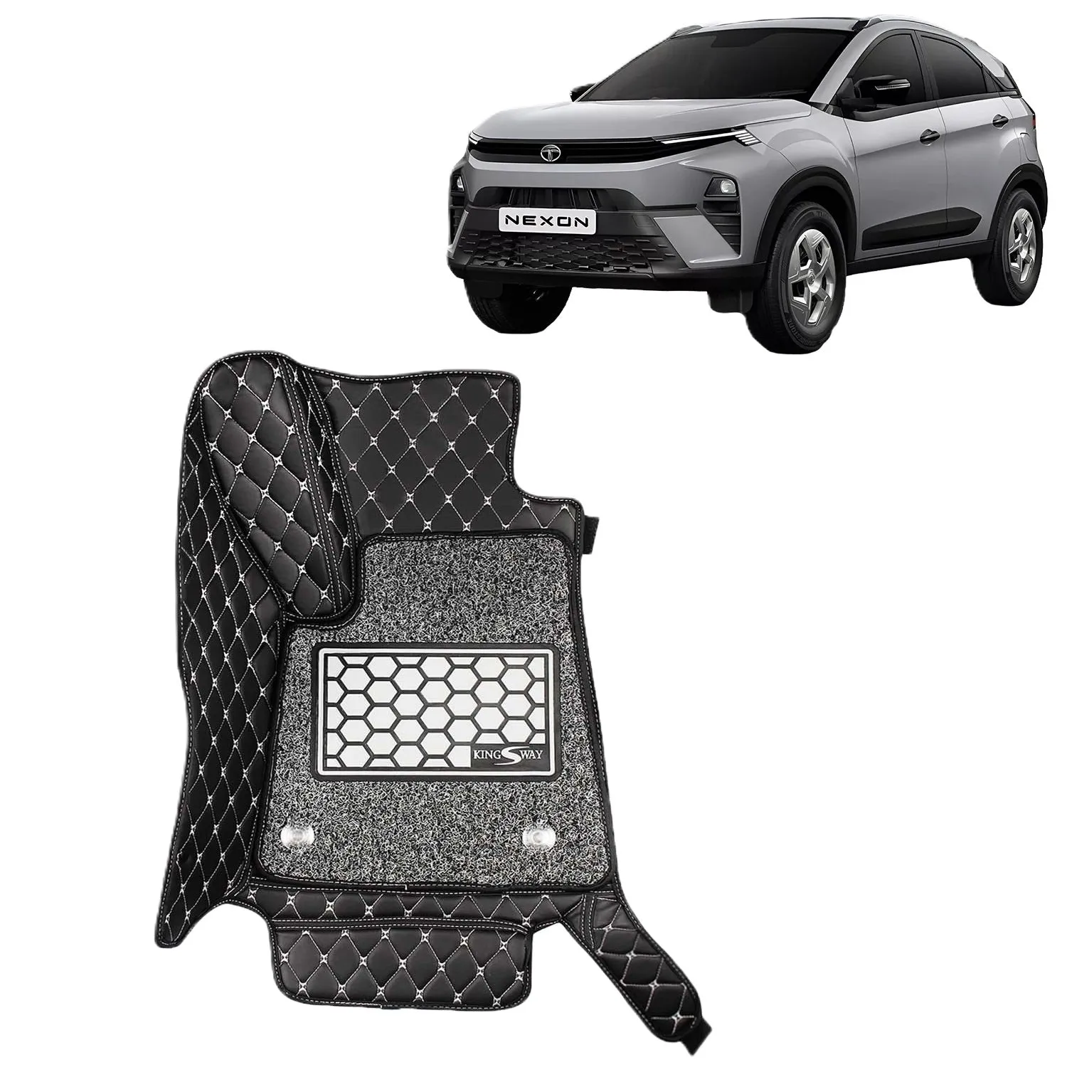 KINGSWAY® Nexon 7D Car Mat for (Year 2023 Onwards), Compatible with Tata Nexon Car Floor Mats, Complete Set of 3 Pieces, Top-Notch PU Leatherette 7D Foot Mats, Washable, Black