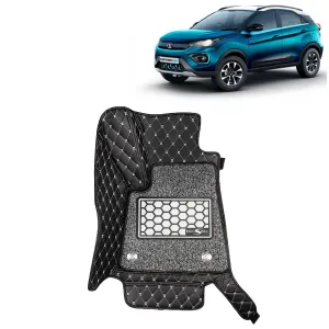 KINGSWAY® Nexon EV 7D Car Mat for (Year 2020 to 2023), Compatible with Tata Nexon EV Car Floor Mats, Complete Set of 3 Pieces, Top-Notch PU Leatherette 7D Foot Mats, Washable, Black