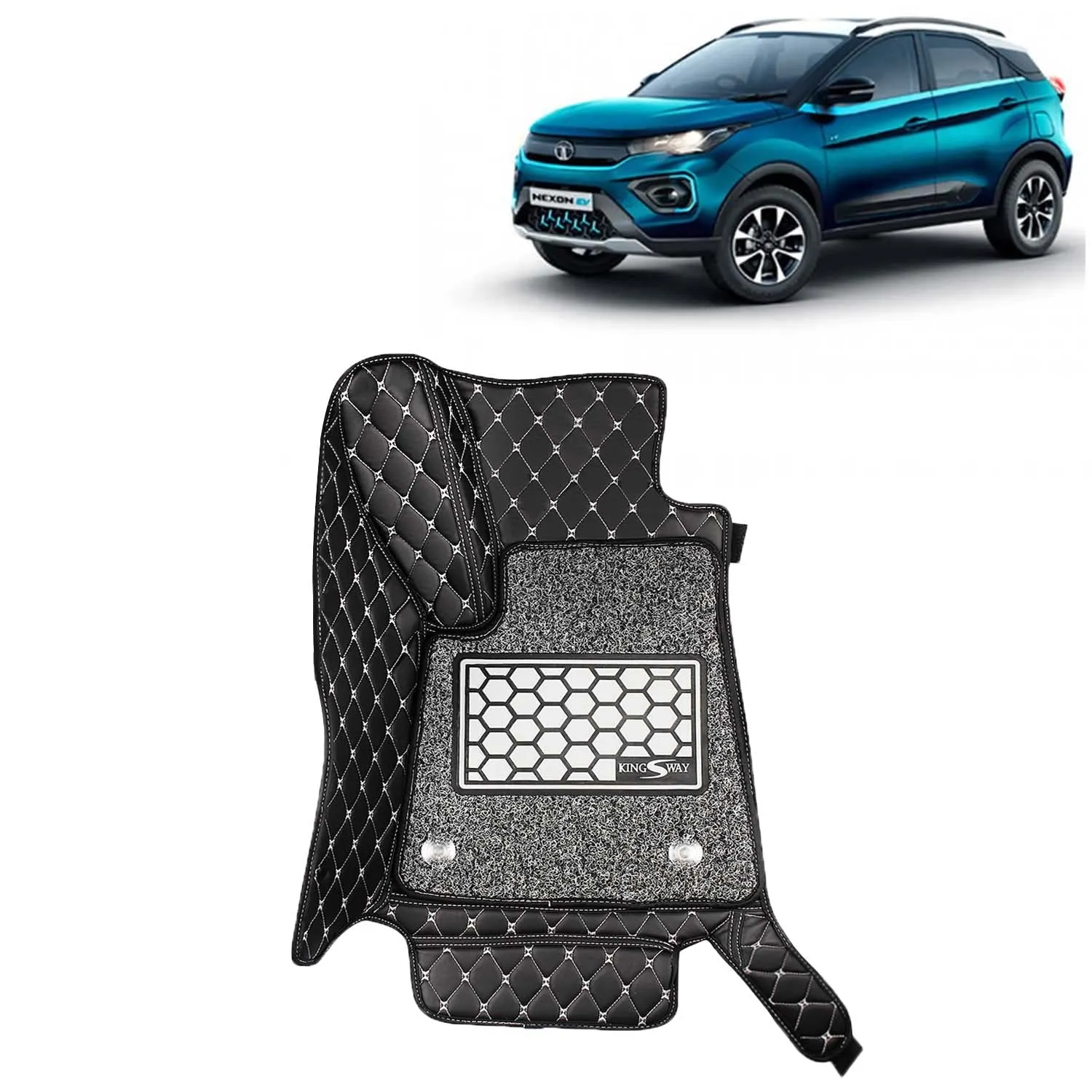 KINGSWAY® Nexon EV 7D Car Mat for (Year 2020 to 2023), Compatible with Tata Nexon EV Car Floor Mats, Complete Set of 3 Pieces, Top-Notch PU Leatherette 7D Foot Mats, Washable, Black