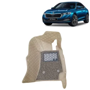 KINGSWAY® Octavia 7D Car Mat for (Year 2019 to 2020), Compatible with Skoda Octavia Car Floor Mats, Complete Set of 3 Pieces, Top-Notch PU Leatherette 7D Foot Mats, Washable, Beige