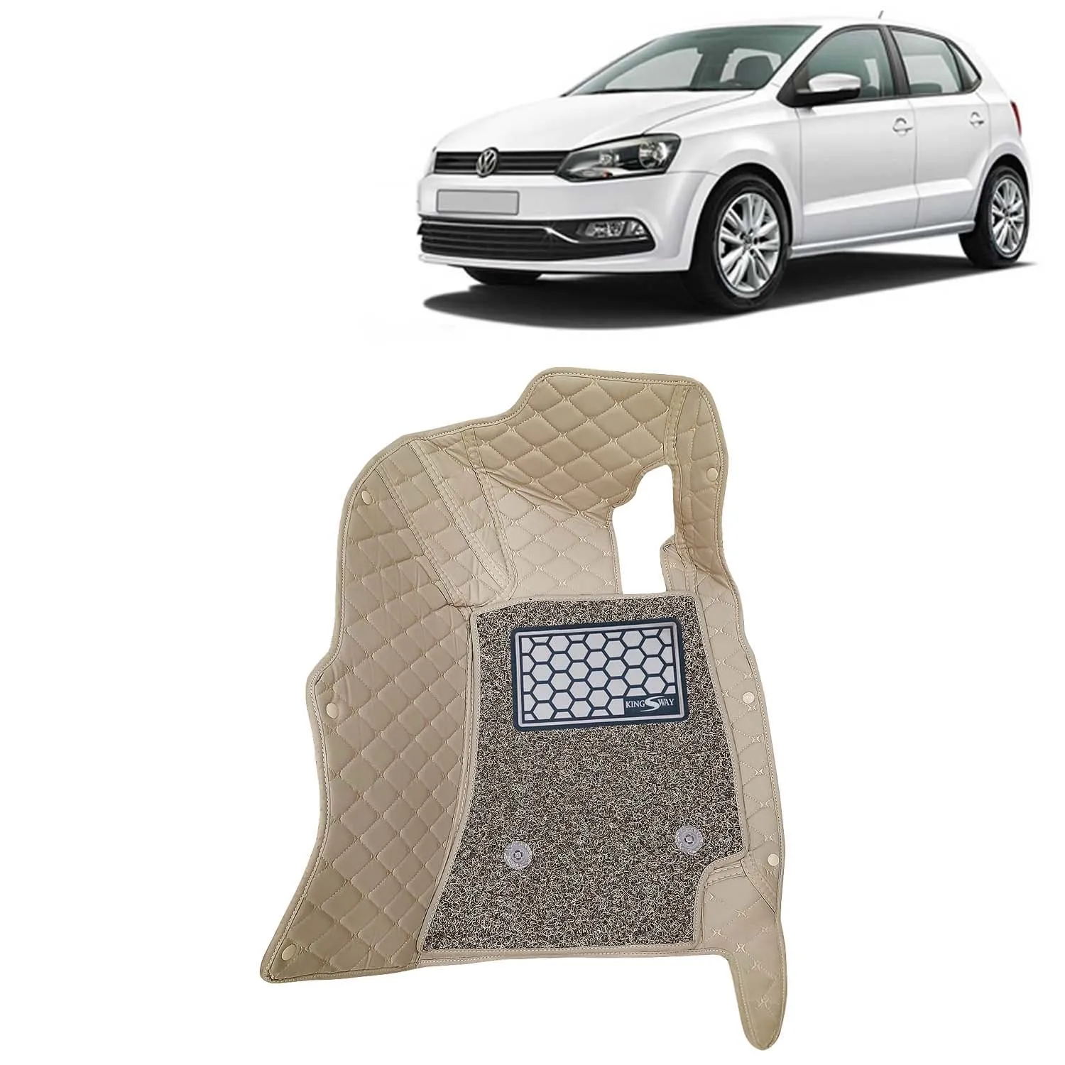 KINGSWAY® Polo 7D Car Mat for (Year 2009 to 2022), Compatible with Volkswagen Polo Car Floor Mats, Complete Set of 3 Pieces, Top-Notch PU Leatherette 7D Foot Mats, Washable, Beige