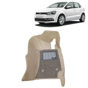 KINGSWAY® Polo 7D Car Mat for (Year 2009 to 2022), Compatible with Volkswagen Polo Car Floor Mats, Complete Set of 3 Pieces, Top-Notch PU Leatherette 7D Foot Mats, Washable, Beige