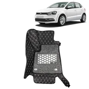 KINGSWAY® Polo 7D Car Mat for (Year 2009 to 2022), Compatible with Volkswagen Polo Car Floor Mats, Complete Set of 3 Pieces, Top-Notch PU Leatherette 7D Foot Mats, Washable, Black