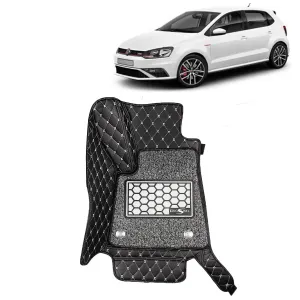 KINGSWAY® Polo GT 7D Car Mat for (Year 2012 to 2022), Compatible with Volkswagen Polo GT Car Floor Mats, Complete Set of 3 Pieces, Top-Notch PU Leatherette 7D Foot Mats, Washable, Black