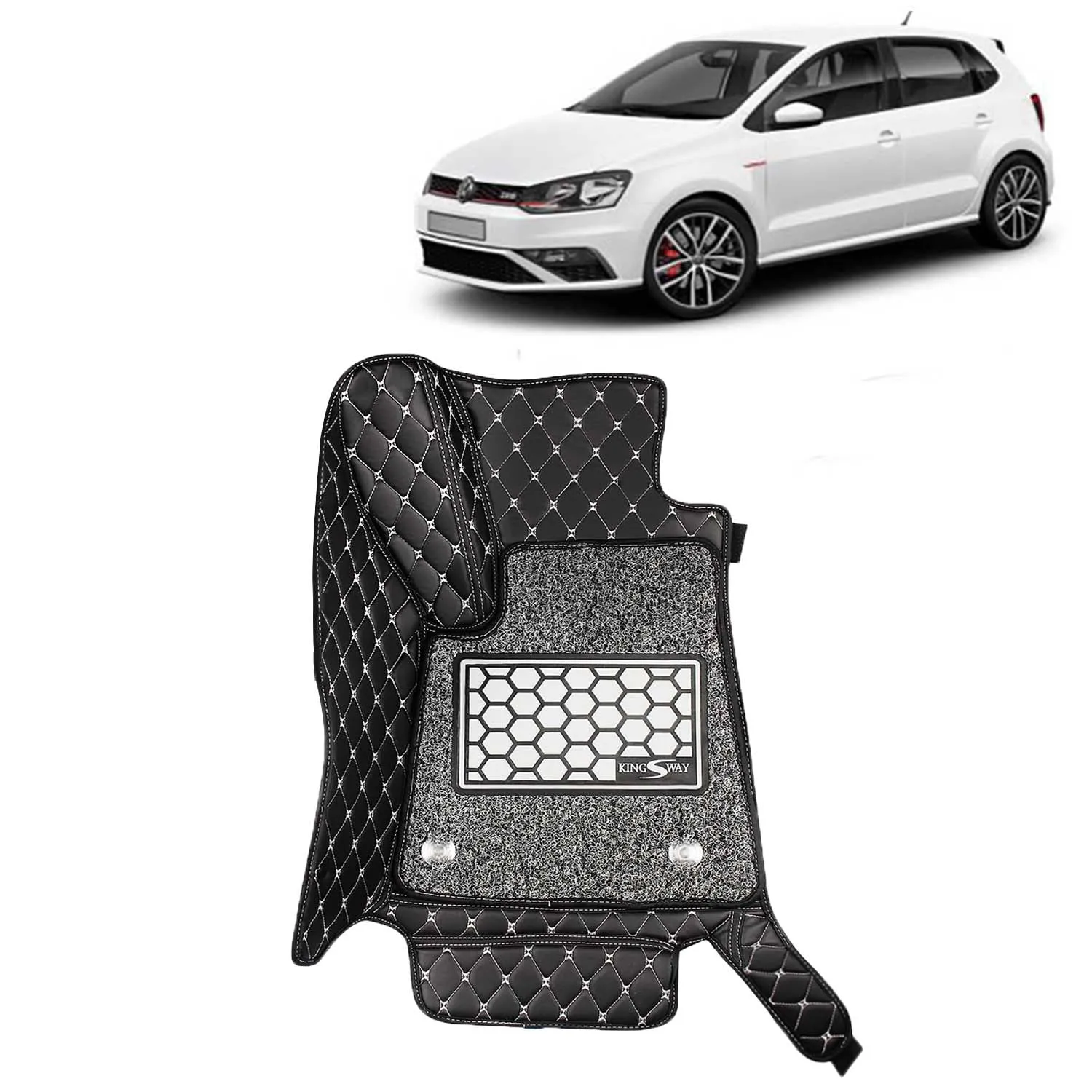 KINGSWAY® Polo GT 7D Car Mat for (Year 2012 to 2022), Compatible with Volkswagen Polo GT Car Floor Mats, Complete Set of 3 Pieces, Top-Notch PU Leatherette 7D Foot Mats, Washable, Black