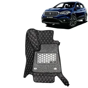KINGSWAY® S Cross 7D Car Mat for (Year 2018 to 2019), Compatible with Maruti Suzuki S Cross Car Floor Mats, Complete Set of 3 Pieces, Top-Notch PU Leatherette 7D Foot Mats, Washable, Black