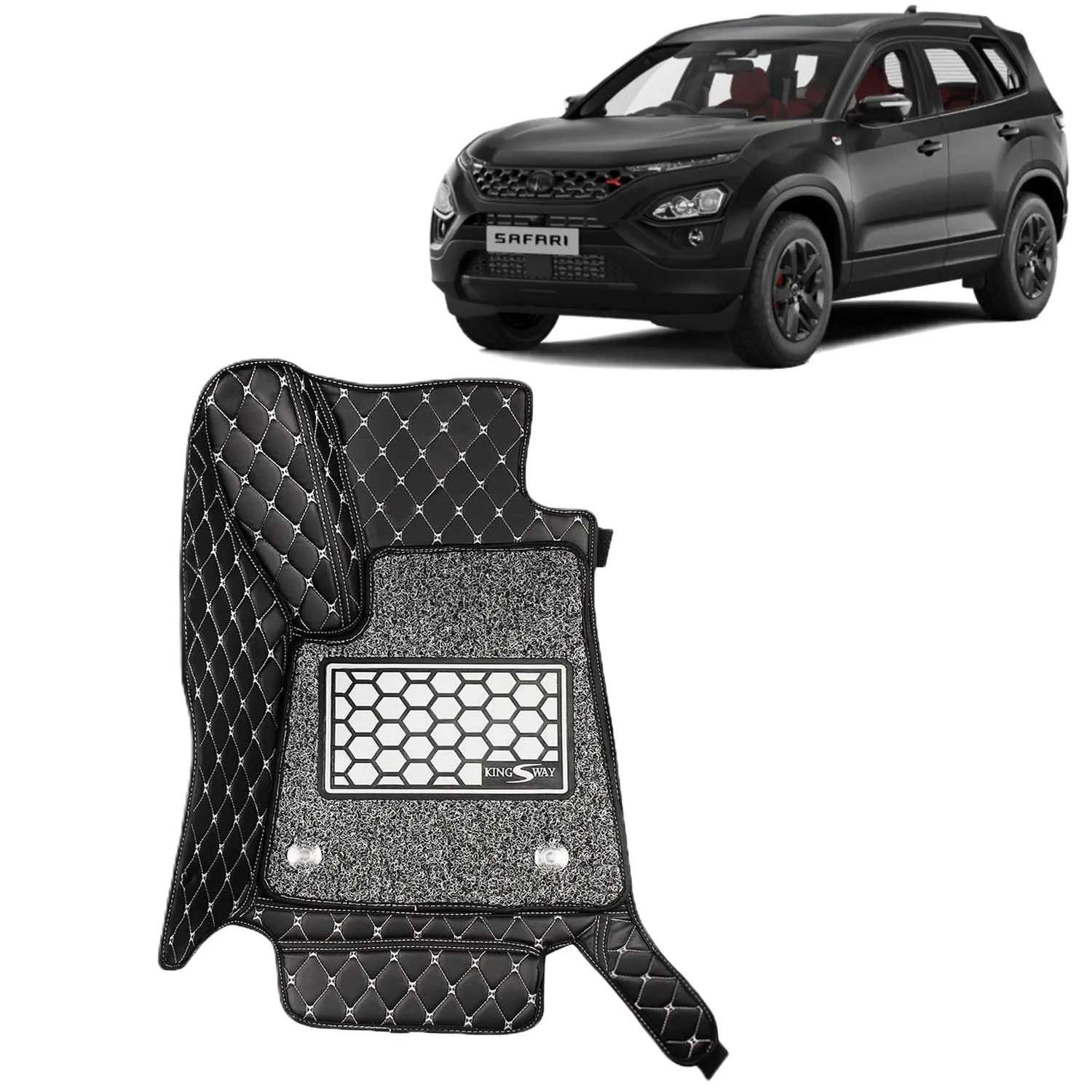 KINGSWAY® Safari 7D Car Mat for (Year 2023 Onwards), Compatible with Tata Safari 7 Seater Car Floor Mats, Complete Set of 4 Pieces, Top-Notch PU Leatherette 7D Foot Mats, Washable, Black