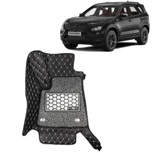 KINGSWAY® Safari 7D Car Mat for (Year 2023 Onwards), Compatible with Tata Safari 7 Seater Car Floor Mats, Complete Set of 4 Pieces, Top-Notch PU Leatherette 7D Foot Mats, Washable, Black