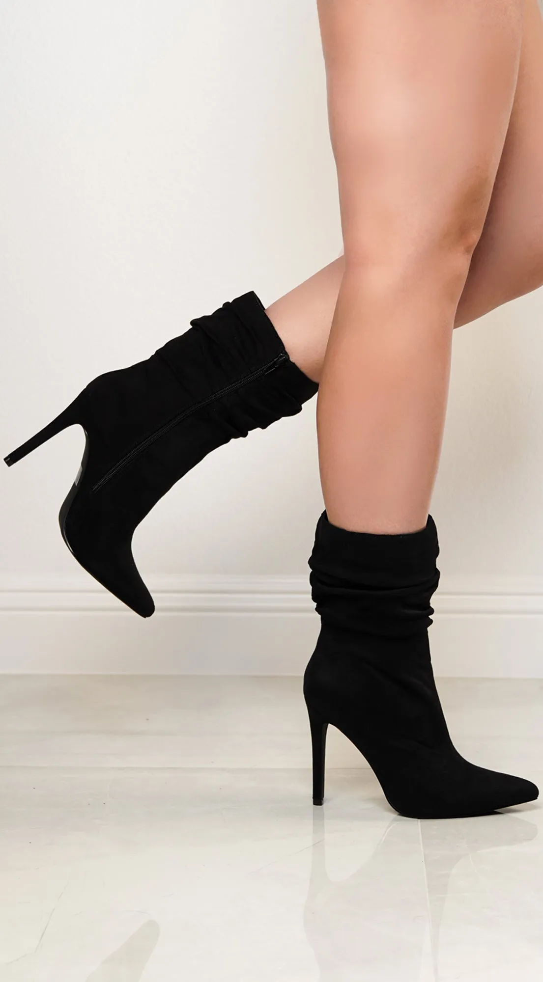 Ludovica Side Zipper Suede Pointy Toe High Heel Booties - Black