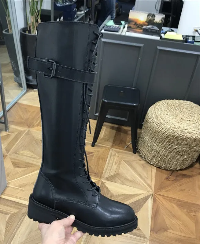 LUXE SEVEN DESIGN CHUNKY LACE UP KNEE HIGH BOOTS