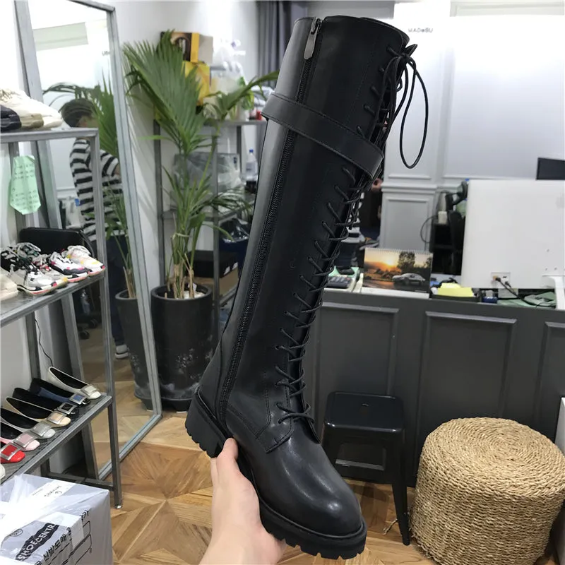 LUXE SEVEN DESIGN CHUNKY LACE UP KNEE HIGH BOOTS