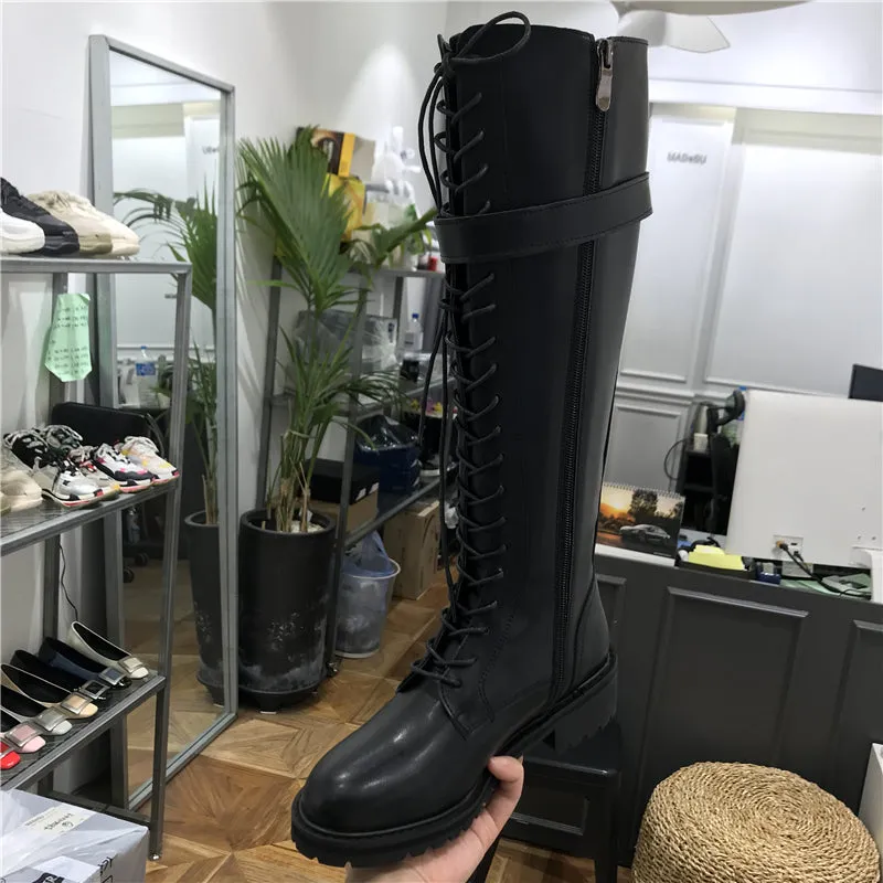 LUXE SEVEN DESIGN CHUNKY LACE UP KNEE HIGH BOOTS