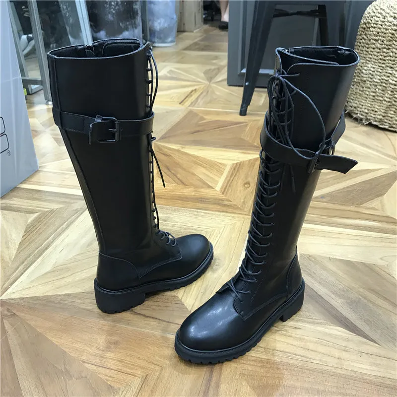 LUXE SEVEN DESIGN CHUNKY LACE UP KNEE HIGH BOOTS