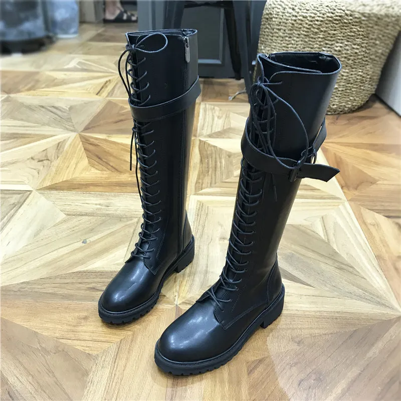 LUXE SEVEN DESIGN CHUNKY LACE UP KNEE HIGH BOOTS