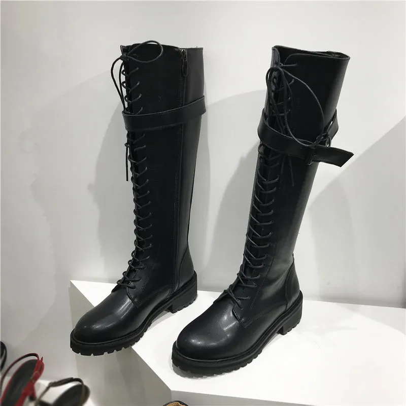 LUXE SEVEN DESIGN CHUNKY LACE UP KNEE HIGH BOOTS