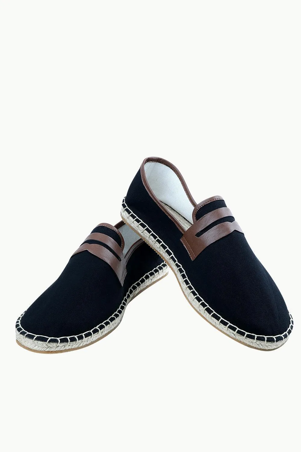 Men's Leather Patch Black Canvas Espadrilles
