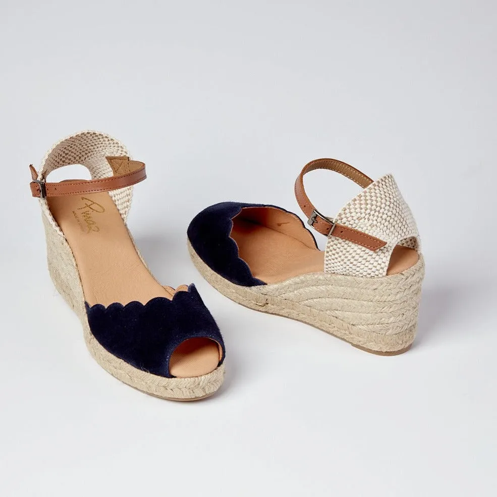 Navy Suede Scallop Espadrille wedge