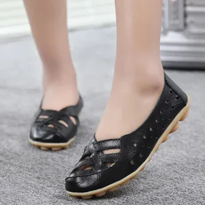 NEW Vintage Leather Flat Sandals for Women Dressy Summer Flat Sandals Hollow Shoes Women Shoes Hole Shoes Women Sandals, Black, Size 9