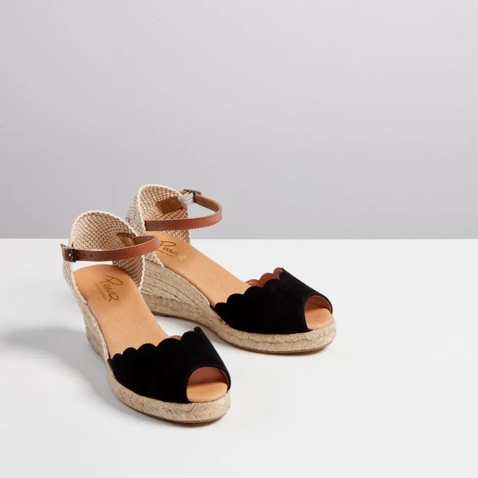 Pinaz Black Suede Scallop Wedge