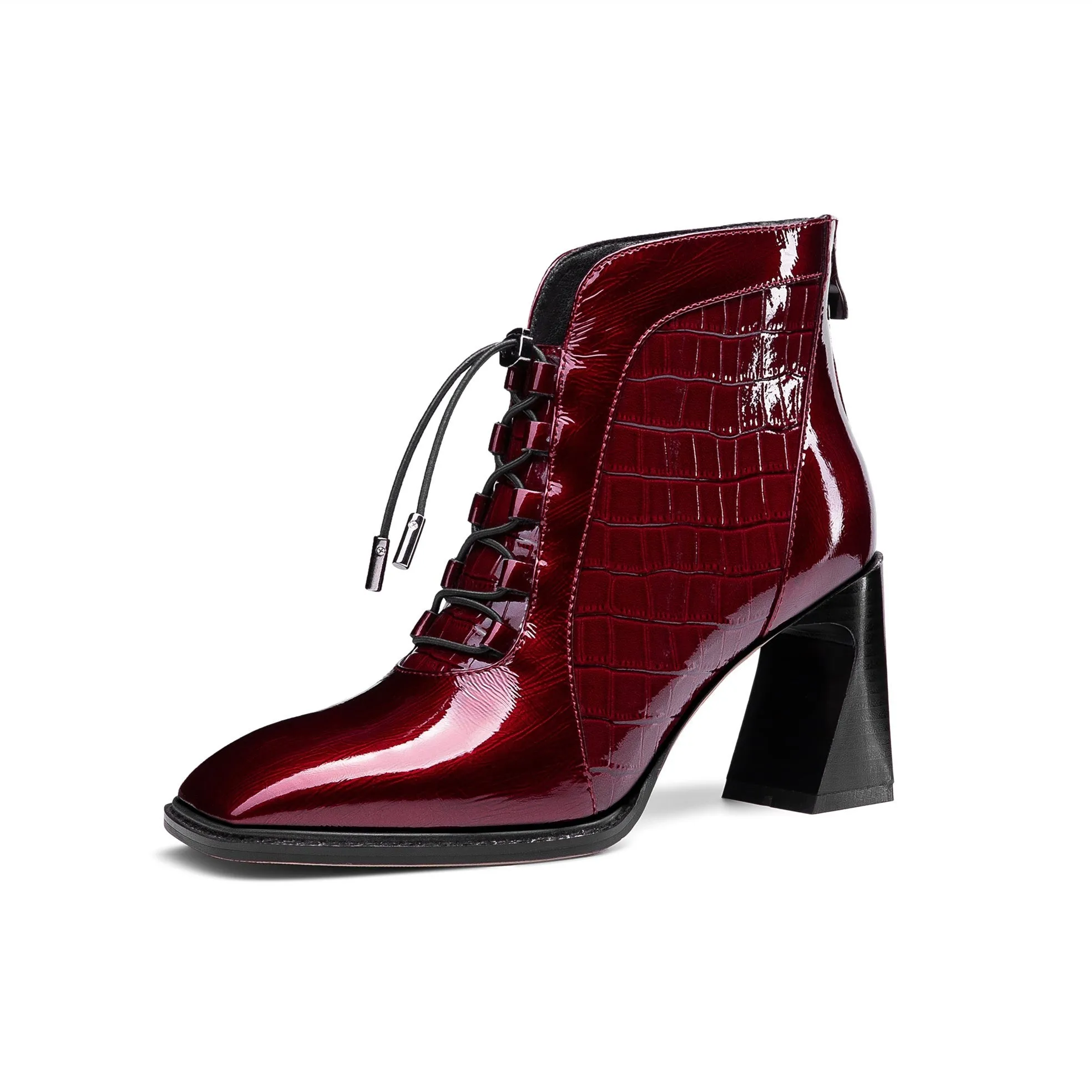 TinaCus Women's Handmade Patent Leather Classic Square Toe High Spool Heel Back Zip Up Short Dressing Boots with Band