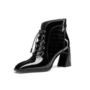 TinaCus Women's Handmade Patent Leather Classic Square Toe High Spool Heel Back Zip Up Short Dressing Boots with Band