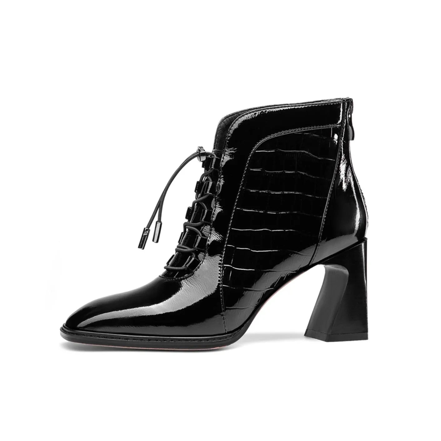 TinaCus Women's Handmade Patent Leather Classic Square Toe High Spool Heel Back Zip Up Short Dressing Boots with Band