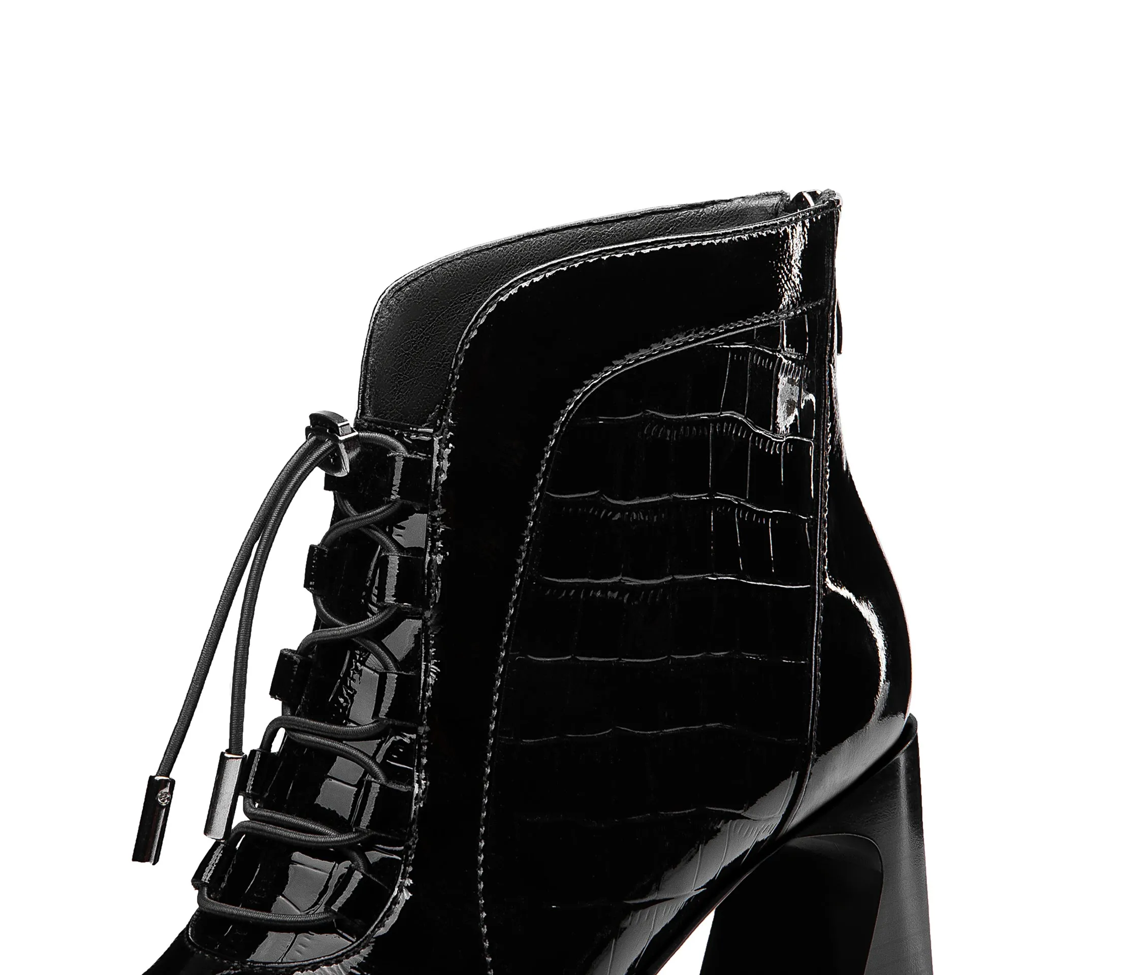 TinaCus Women's Handmade Patent Leather Classic Square Toe High Spool Heel Back Zip Up Short Dressing Boots with Band