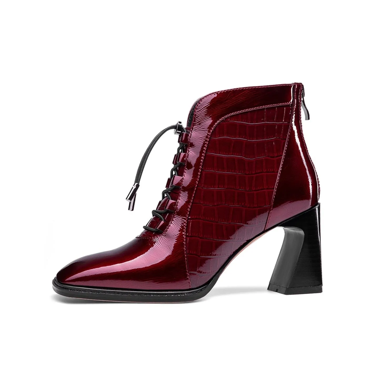 TinaCus Women's Handmade Patent Leather Classic Square Toe High Spool Heel Back Zip Up Short Dressing Boots with Band